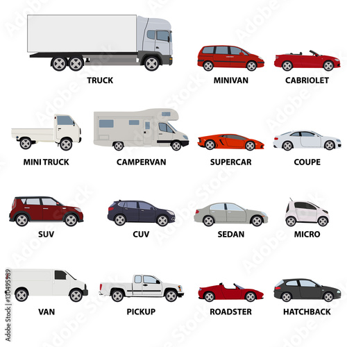 Set of different vehicles, cars and vans