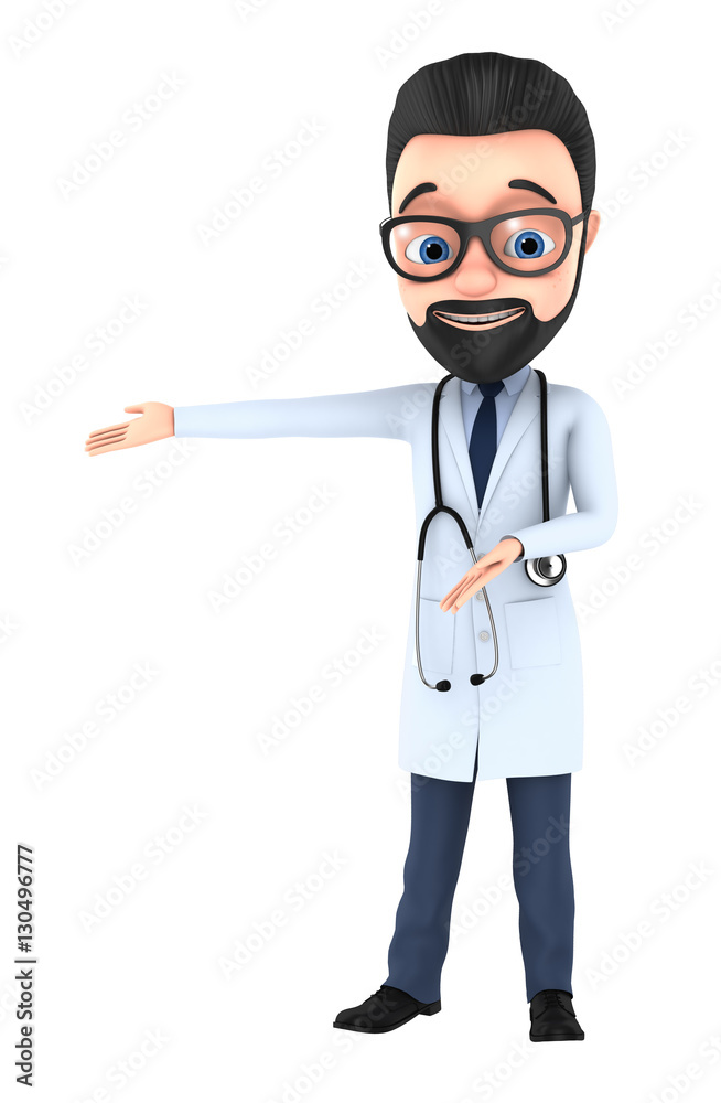 Doctor isolated on white points with two hands at the empty spac Doctor isolated on white points with two hands at the empty spac