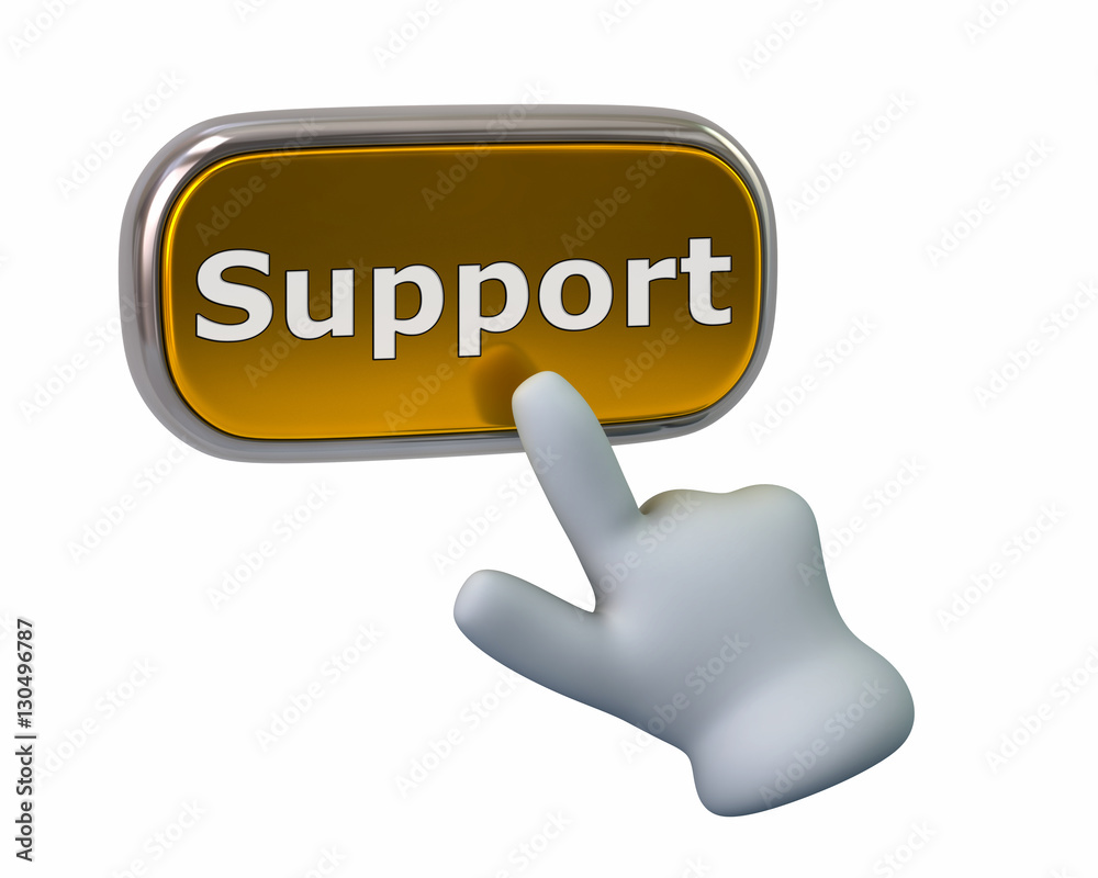 Hand pressing golden support button isolated on white background