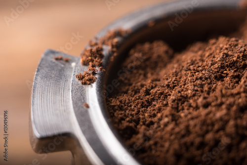 Ground coffee in porta filter holder photo