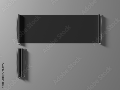 Blank black hand held banner mockup, 3d rendernig. Dark closed and opened roll up canvas mock up. Grey handheld promotional retractable scroll. Rolling sign for sport club branding presentation. photo