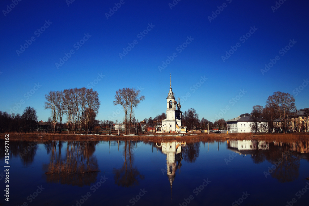 Church on the river autumn landscape in Russia