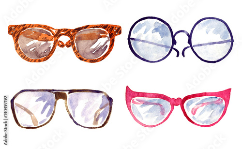 Shapes of male and female glasses, isolated set hand painted watercolor illustration 