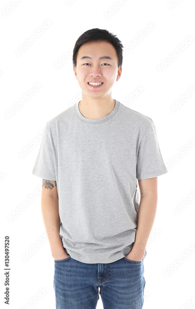 Asian man in blank grey t-shirt on white background Asian man in blank grey t-shirt on white background