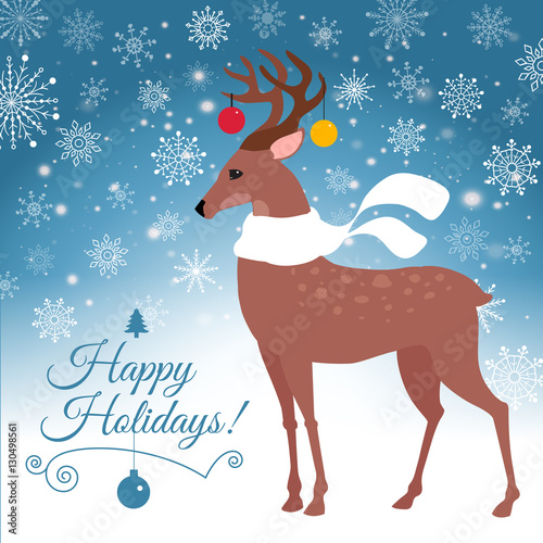 Happy Holidays lettering Greeting card with deer. Vector illustration