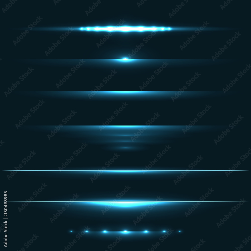 Blue light flare effect horizontal dividers vector set.