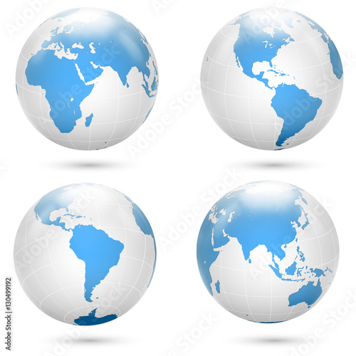 Blue and white Earth globe icon vector set.