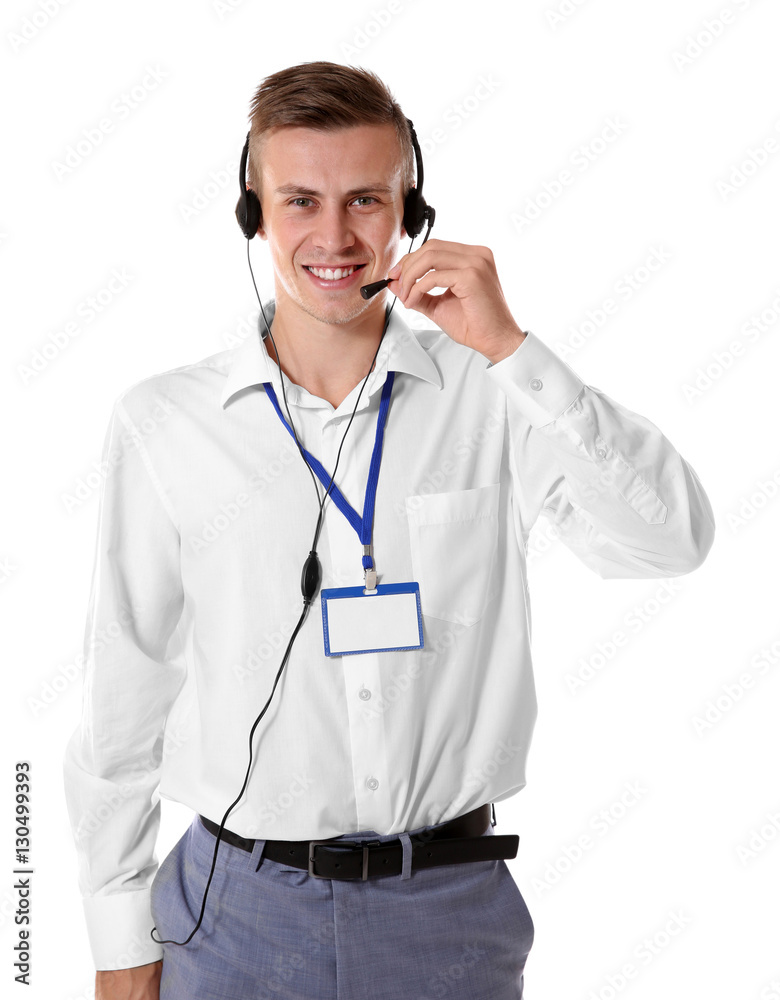 Young male technical support dispatcher on white background Young male technical support dispatcher on white background