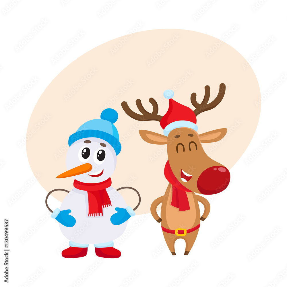 Snowman in hat and mittens and Christmas reindeer in red scarf standing together, cartoon vector illustration with background for text. Deer and snowman, Christmas attributes, decoration elements