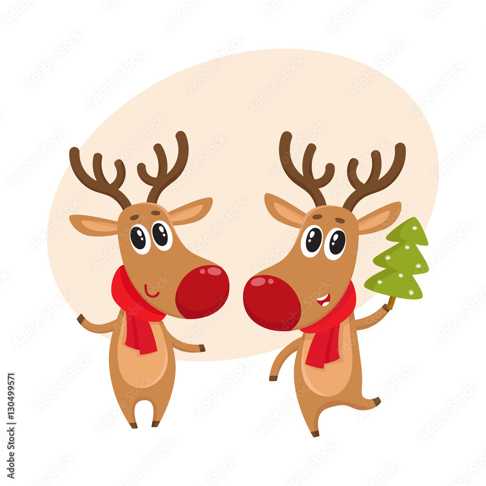 Fototapeta Two Christmas reindeer with a red scarf and green fir tree, cartoon vector illustration isolated with background for text. Christmas red nosed deer, holiday decoration element