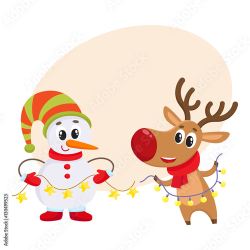 funny reindeer and snowman holding public electronic garlands with light bulbs, cartoon vector illustration with background for text.. Deer and snowman, Christmas attributes, decoration elements