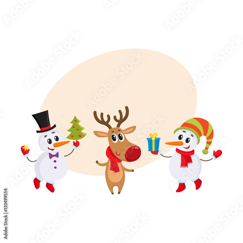 two funny snowman and reindeer holding a Christmas tree and gift box, cartoon vector illustration with background for text. Deer and snowman, Christmas attributes, decoration elements