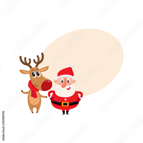 Funny Santa Claus and reindeer in red scarf standing together  cartoon vector illustration with background for text. Santa Claus and deer  Christmas attributes  holiday decoration elements