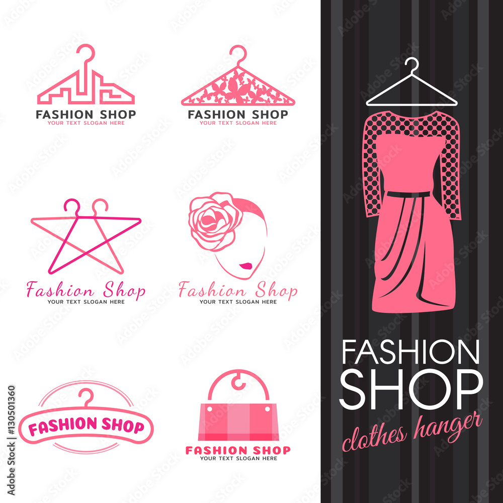 Fashion shop logo - pink clothes hanger and woman face logo vector set ...