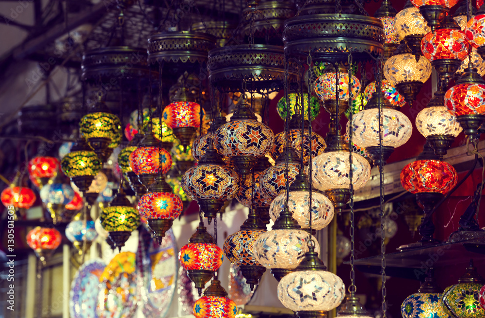 Traditional Asian lanterns of colored glass on the market