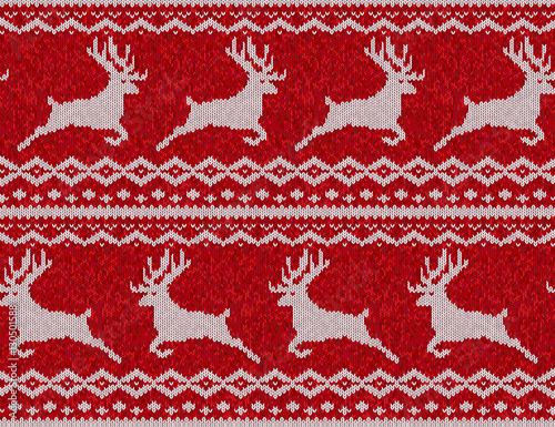Red knitted sweater with deer seamless pattern