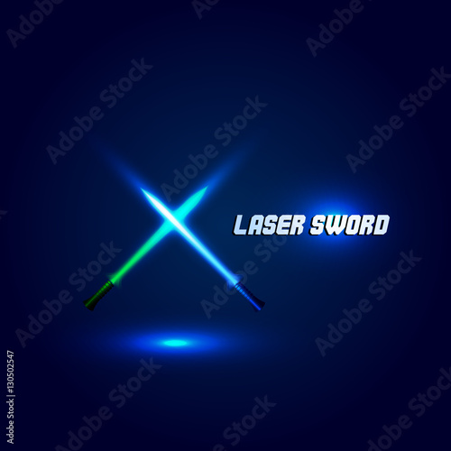 Isolated cossed light swords logo. Futuristic movie weapon logotype. Sabre with fire force icon. Lightsaber signs. Scifi shiny neon longsword vector illustration.