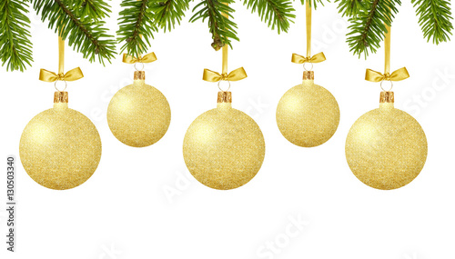 Gold Christmas balls with bow on ribbon isolated on white backgr