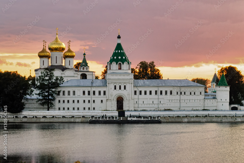 The Ipatiev Monastery on bank of Kostroma river in twilight, Russia