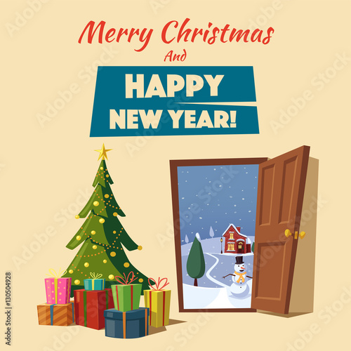 Open door. Christmas tree. Cartoon vector illustration