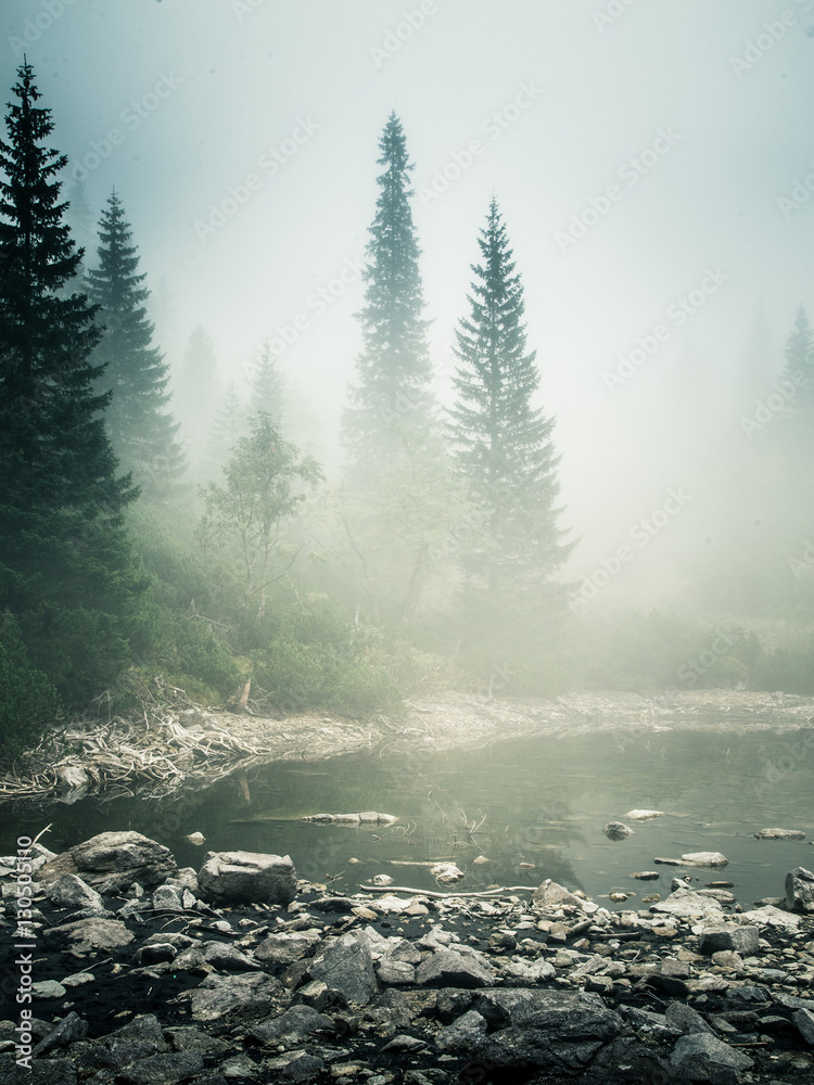 Fototapeta premium Piękne górskie jezioro we mgle w Tatrach na Słowacji. Styl retro o niskim nasyceniu