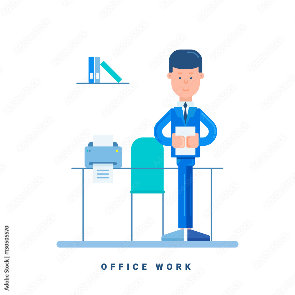 Office worker standing at the table. Business concept for space work. Cartoon male character. Flat style vector illustration isolated on white Office worker standing at the table. Business concept for space work. Cartoon male character. Flat style vector illustration isolated on white