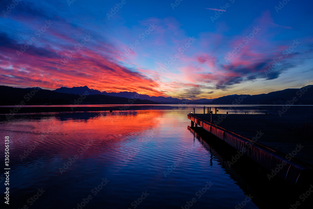 Sunset over lake Woerthersee