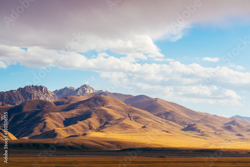 The magnificent view of colourful Tien Shan  Tian Shan  mountain  landscape in the east of Kyrgyzstan  on the way to Chinese Border of Xinjiang province. Central Asia