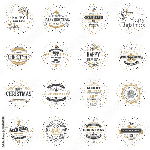 Set of Merry Christmas and Happy New Year Decorative Badges for Greetings Cards or Invitations. Vector Illustration. Typographic Design Elements. Golden and Black Color Theme