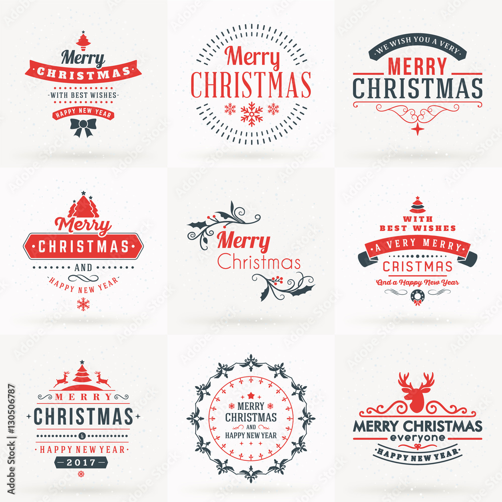 Fototapeta premium Set of Merry Christmas and Happy New Year Decorative Badges for Greetings Cards or Invitations. Vector Illustration in Red and Gray Colors