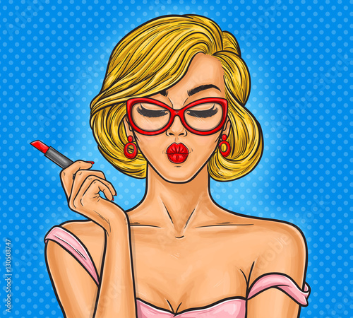 Pop art illustration woman paints her lips.