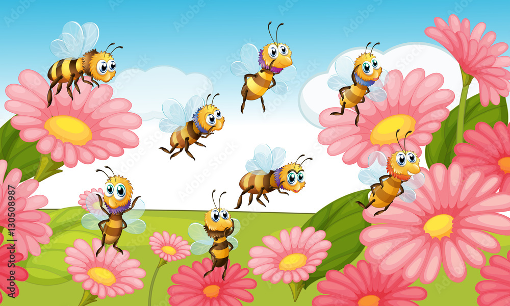 Bees flying in the flower garden