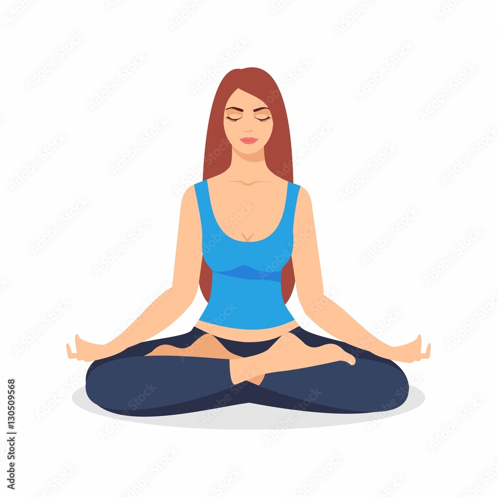 Young woman sitting in yoga lotus pose. Meditating girl illustration. Yoga woman, meditation, anti-stress people. Young woman sitting in yoga lotus pose. Meditating girl illustration. Yoga woman, meditation, anti-stress people.