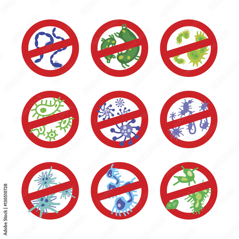 Antibacterial sign with a funny green cartoon bacteria. Bacteria kill