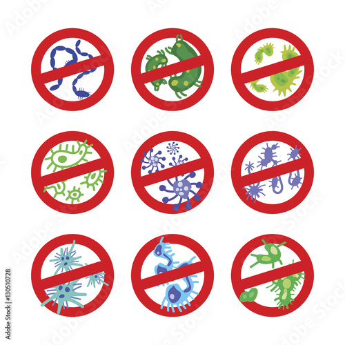 Antibacterial sign with a funny green cartoon bacteria. Bacteria kill symbol. Control infection. Infection icon.