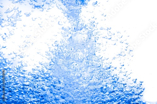 Water splash blue, show the motion with bubbles of air, on white background