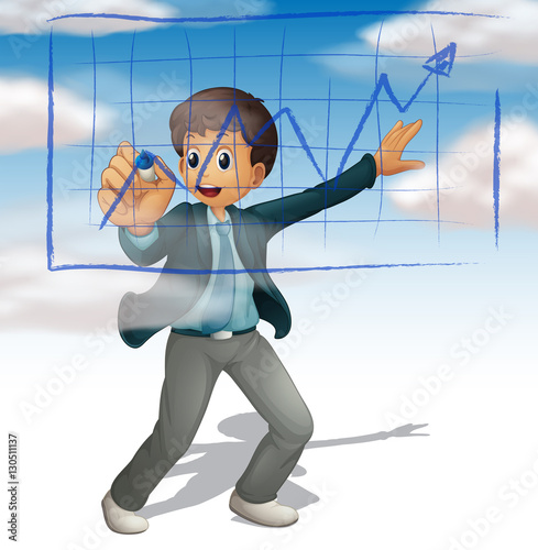 Businessman writing graph with sky background