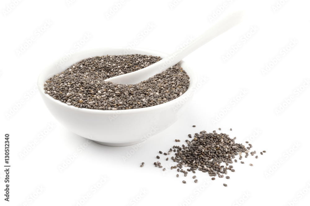 Pile of chia seeds on a white background clipping path Pile of chia seeds on a white background clipping path