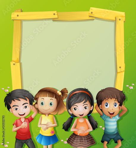 Border template with four kids on the grass