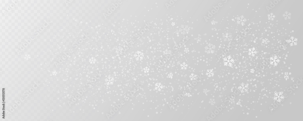White tender snowflakes, snow falling over wide transparent background, vector illustration. Beautiful realistic winter elements.