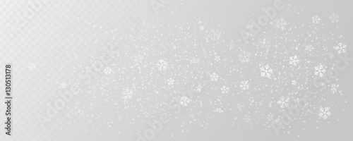 White tender snowflakes, snow falling over wide transparent background, vector illustration. Beautiful realistic winter elements.