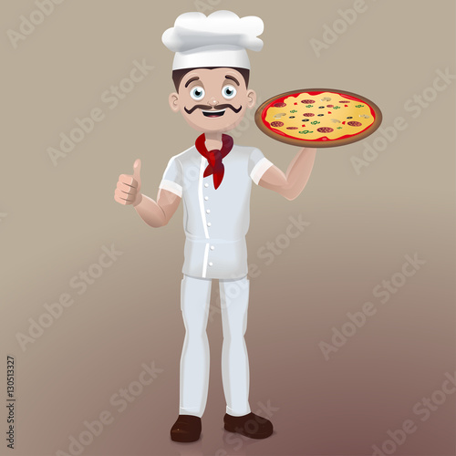 Chef holding a pizza and showing thumb up 