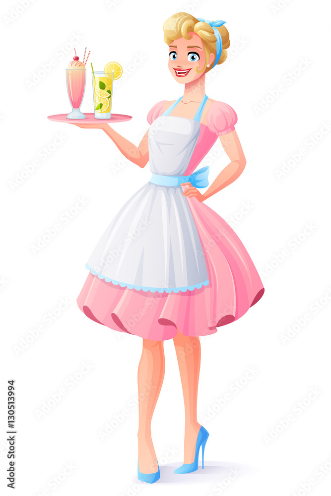 Vector housewife with apron holding tray with milkshake and lemonade. Vector housewife with apron holding tray with milkshake and lemonade.