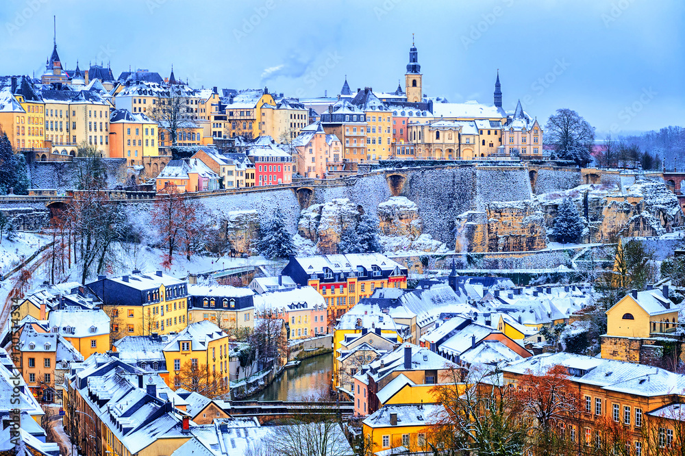 Luxembourg city snow white in winter, Europe