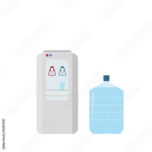 Office water cooler with big plastic bottle and plastic cup. Not equipped. Vector illustration