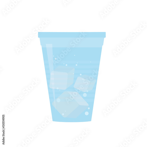 Plastic cup of water with bubbles and ice cubes. Flat design. Vector illustration