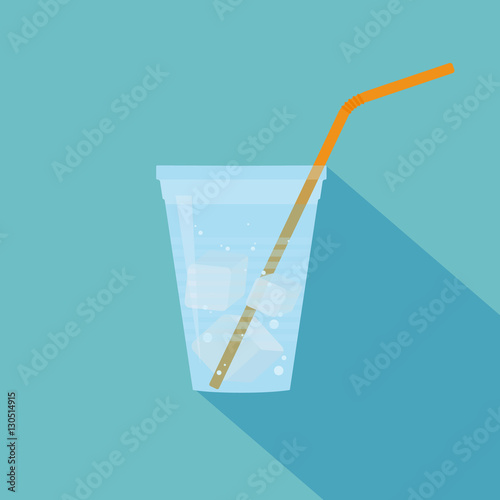 Plastic cup of water with bubbles, ice cubes and orange straw. Flat design. Vector illustration