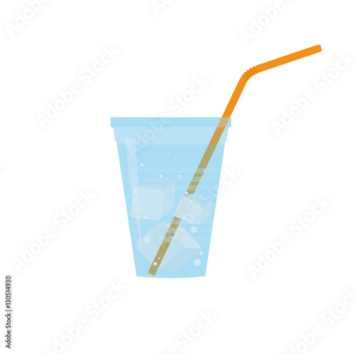 Plastic cup of water with bubbles, ice cubes and orange straw. Flat design. Vector illustration