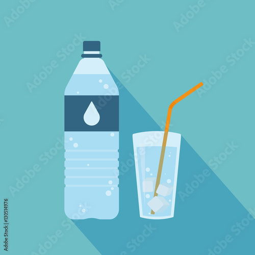 Plastic bottle of pure water with lable and drop on it. Glass of water with ice cubes and orange straw. Set. Vector illustration
