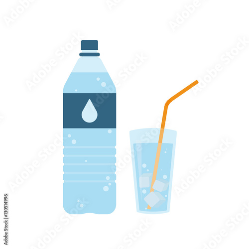 Plastic bottle of pure water with lable and drop on it. Glass of water with ice cubes and orange straw. Set. Vector illustration